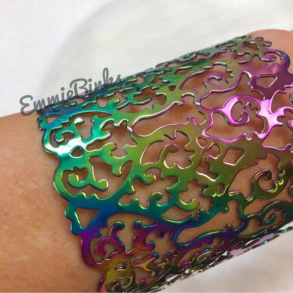 New Hollowed Out Scroll Metal Oil Slick Holographic Cuff Bracelet - Picture 7 of 16